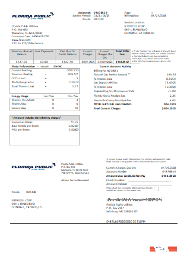 Florida Public Utilities utility business bill,  SCR PSD template
